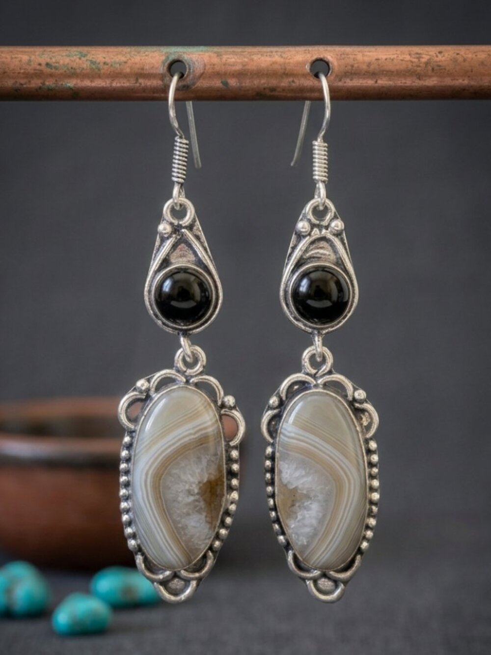 Artisan 925 Sterling Silver Banded Agate Drop Earrings Geode Boho Western Drop